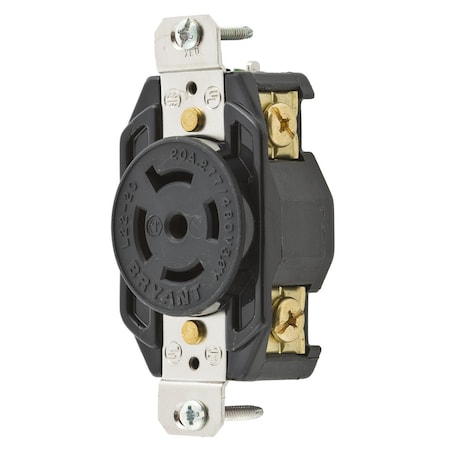 Bryant Locking Receptacle, L22-20R, 20 A, 277/480V AC, Three Phase, 4 Pole, Flush Mount, Screw Terminals 72220FR
